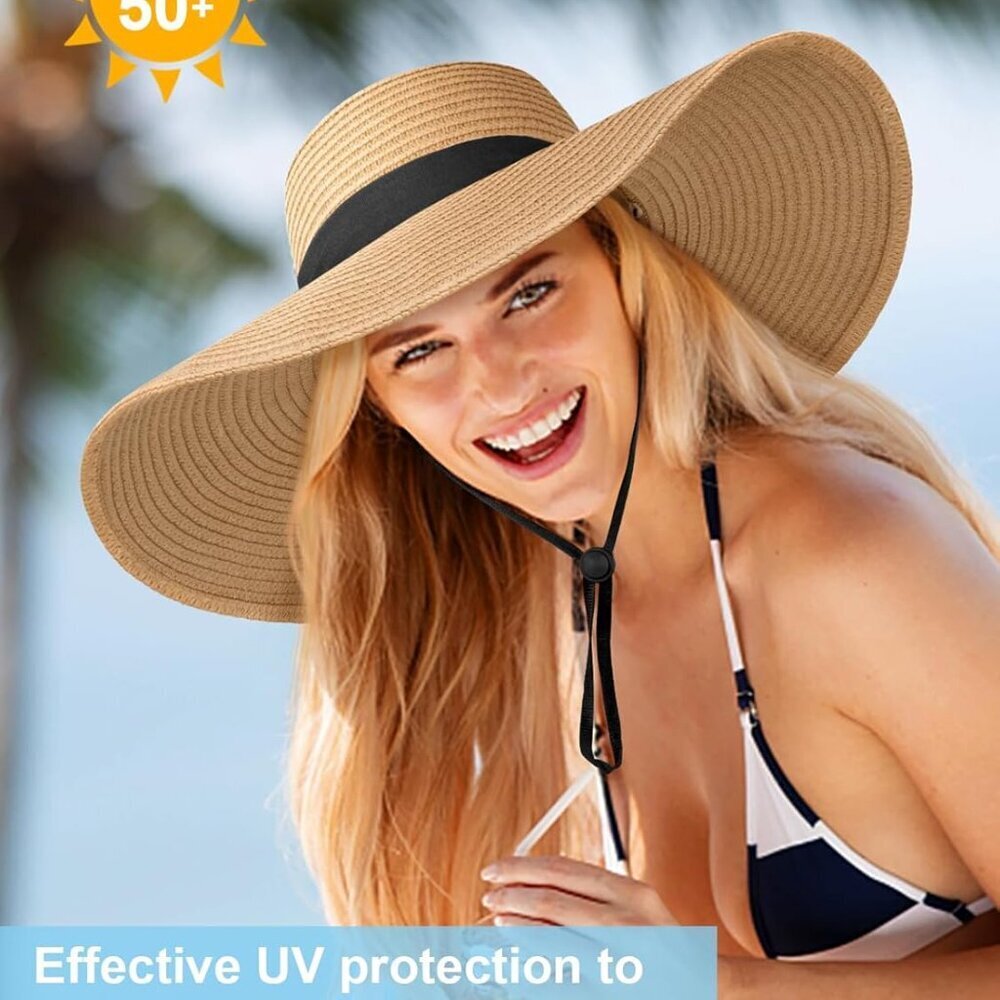 Sun Hats for Women Oversize Wide Brim Straw Beach Hat UV Protection Floppy Folda - Picture 5 of 6